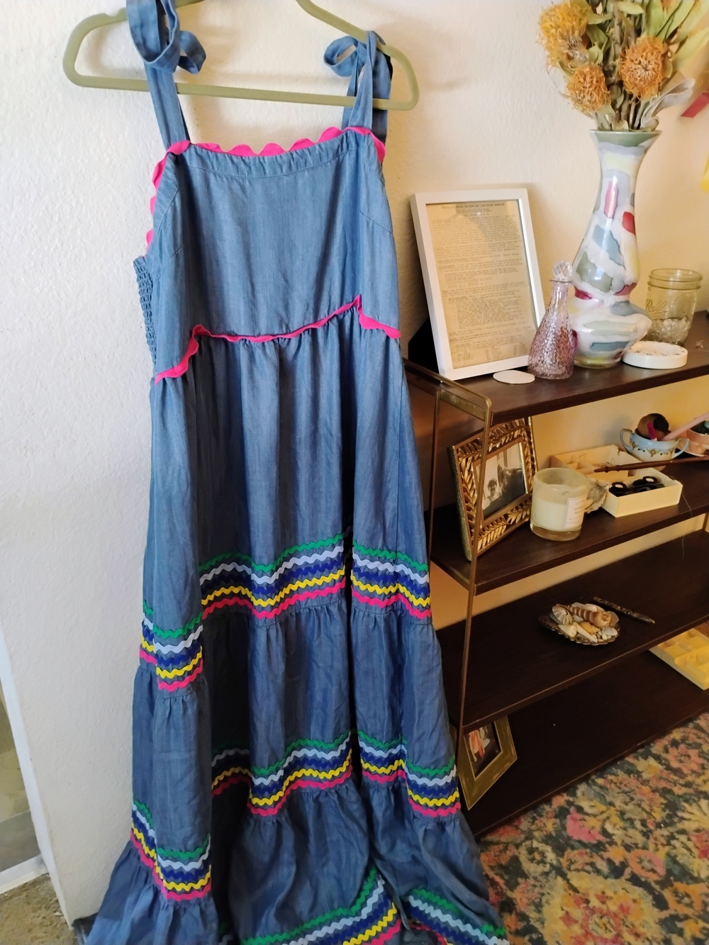 Crown & Ivy Chambray Maxi Dress Rickrack Tiered Tie Strap Preppy Sz XL